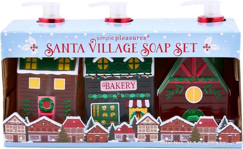 simple pleasures Christmas Holiday Village 3 Pack - Frosted Strawberry, Snow Flurries, Peppermint Swirl Scented Decorative Refillable Soap Dispensers for Kitchen Countertops and Bathroom Sinks - Image 2